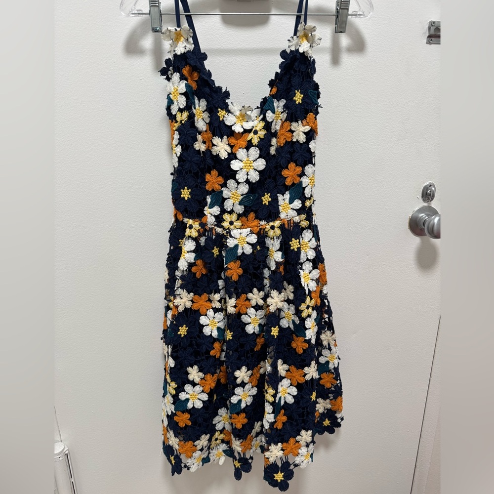 Floral Crochet Lace Dress Navy White Orange Daisy Embroidered M